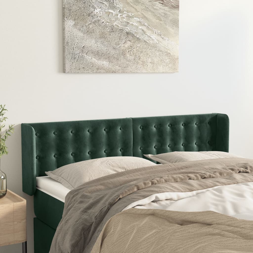 vidaXL Cabeceira de cama c/ abas tecido 147x16x78/88cm verde-escuro