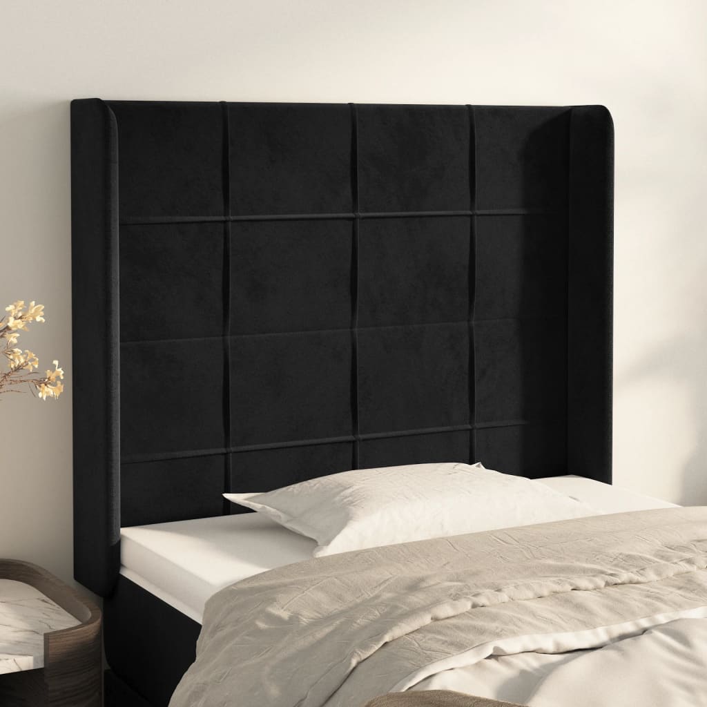 vidaXL Cabeceira de cama c/ abas veludo 103x16x118/128 cm preto