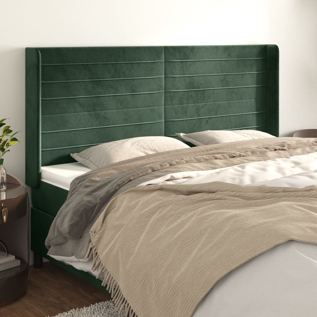 vidaXL Cabeceira cama c/ abas veludo 203x16x118/128 cm verde-escuro