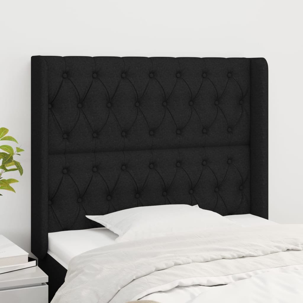 vidaXL Cabeceira de cama c/ abas tecido 103x16x118/128 cm preto