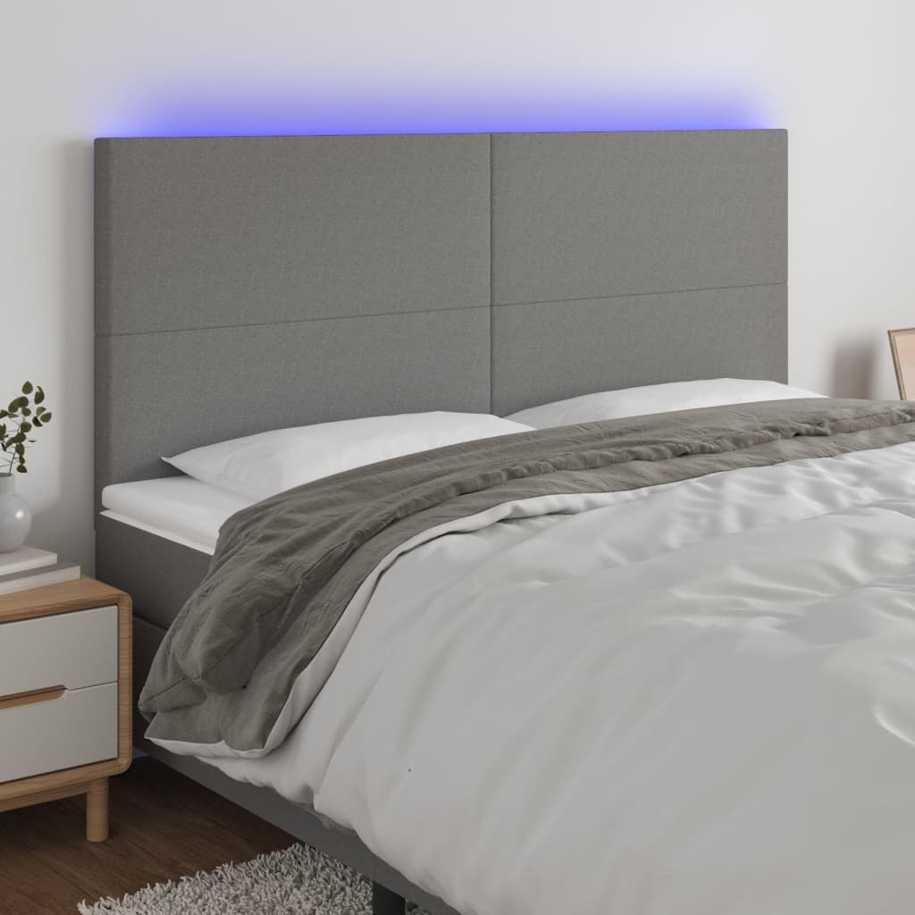 vidaXL Cabeceira de cama c/ LED tecido 160x5x118/128 cm cinza-escuro