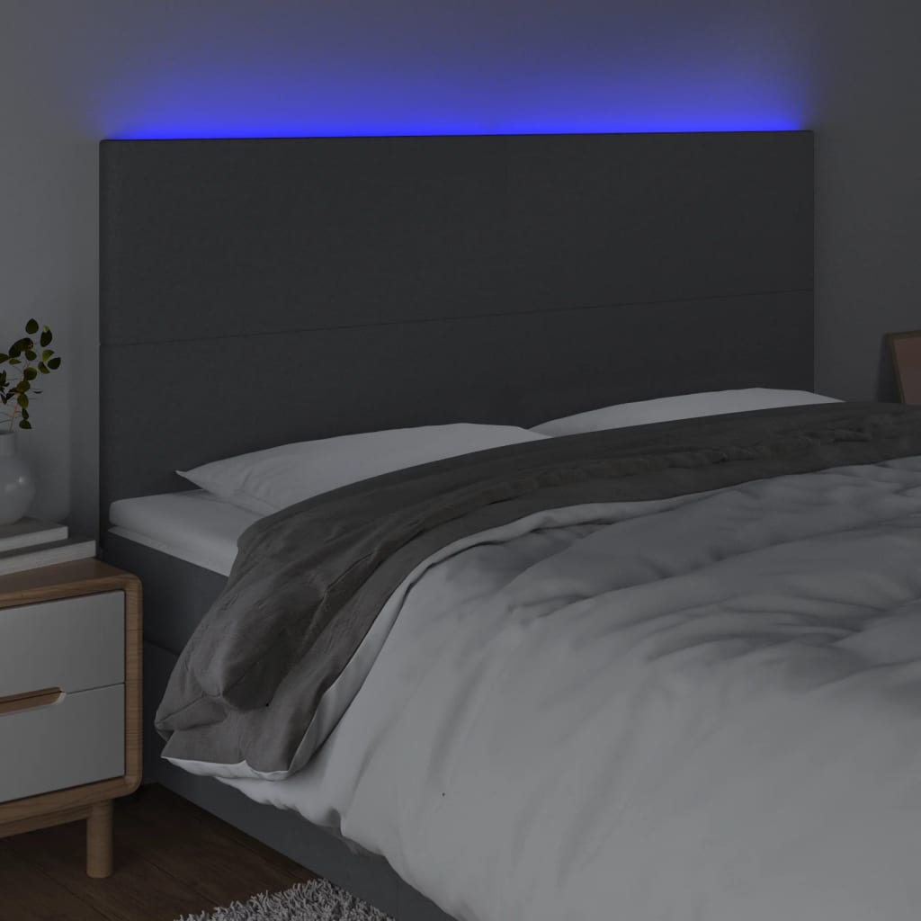 vidaXL Cabeceira de cama c/ LED tecido 160x5x118/128 cm cinza-escuro