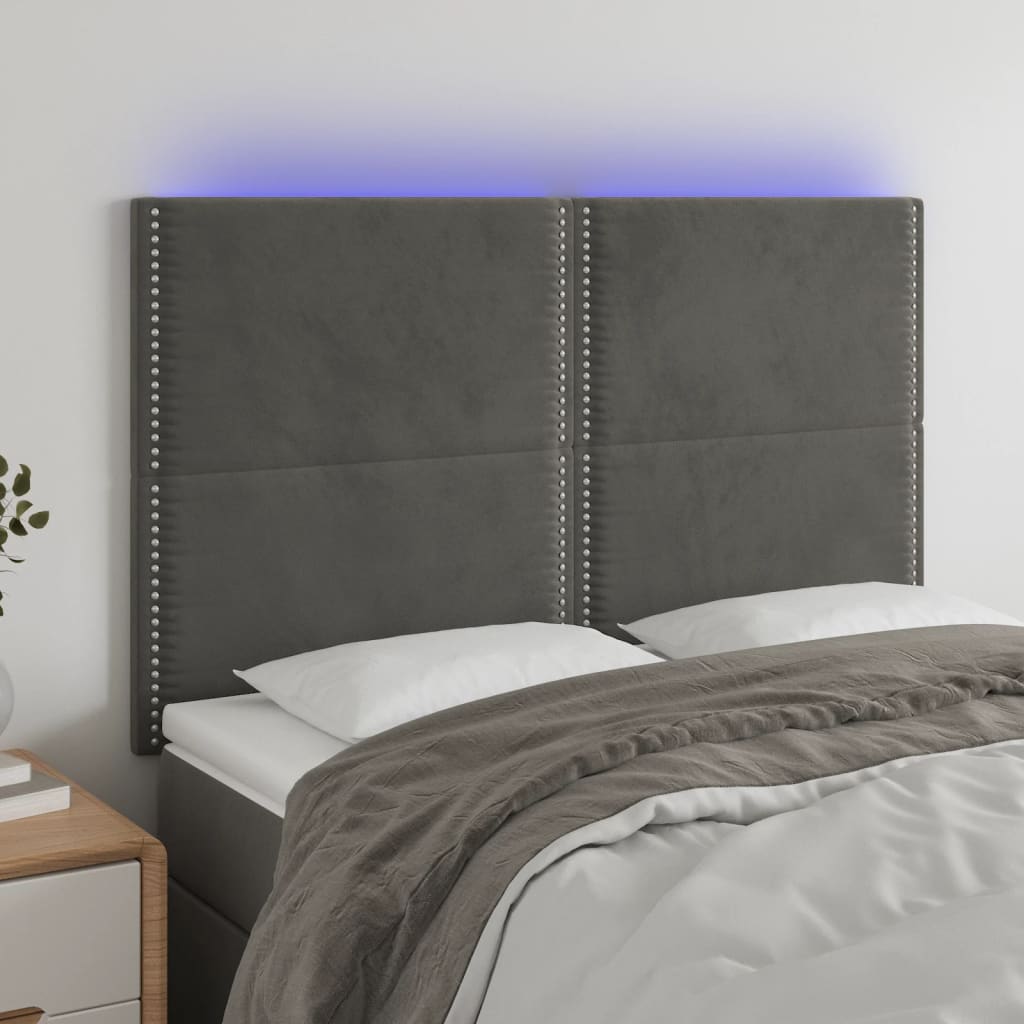 vidaXL Cabeceira de cama c/ LED veludo 144x5x118/128 cm cinza-escuro