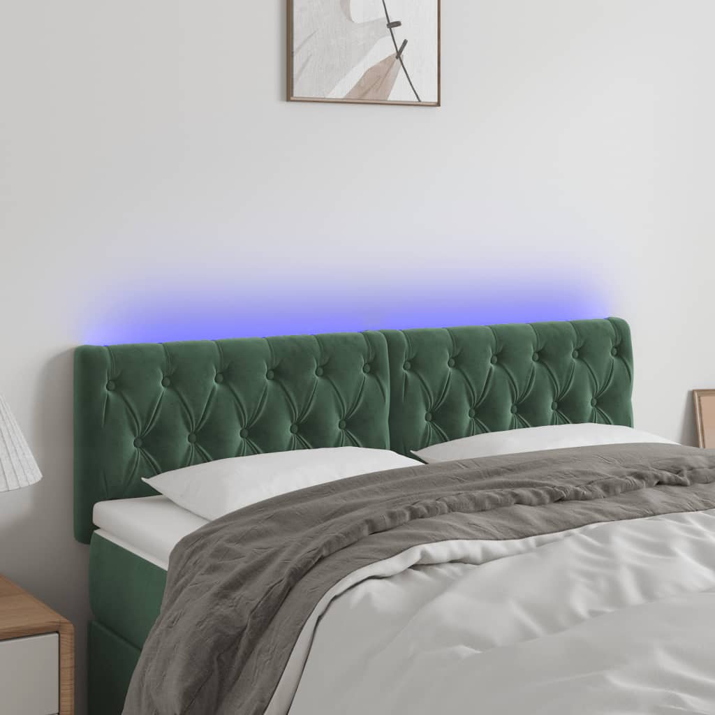 vidaXL Cabeceira de cama c/luzes LED veludo 144x7x78/88cm verde-escuro