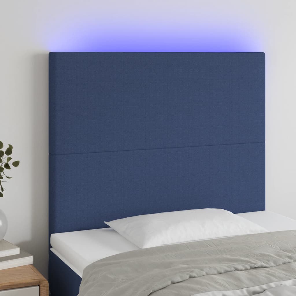 vidaXL Cabeceira de cama c/ LED tecido 90x5x118/128cm azul