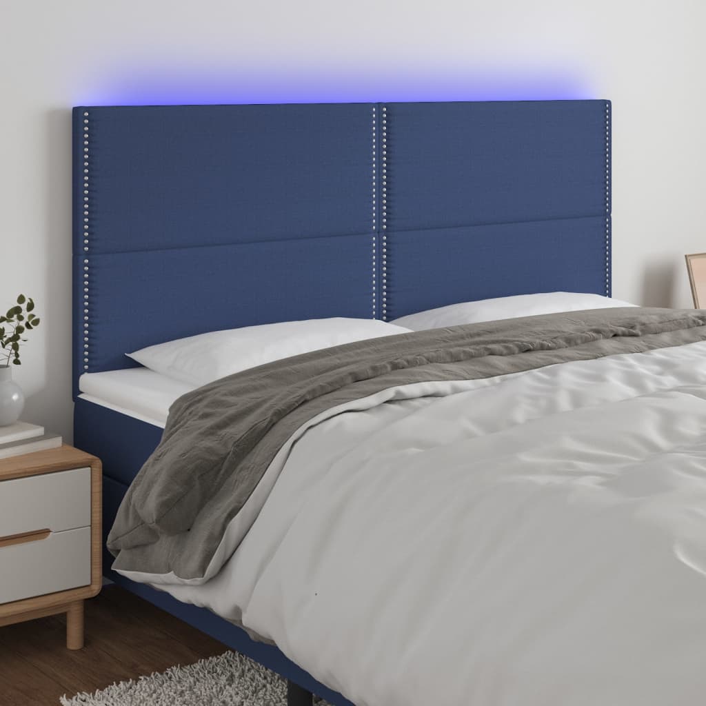 vidaXL Cabeceira de cama c/ luzes LED tecido 180x5x118/128 cm azul