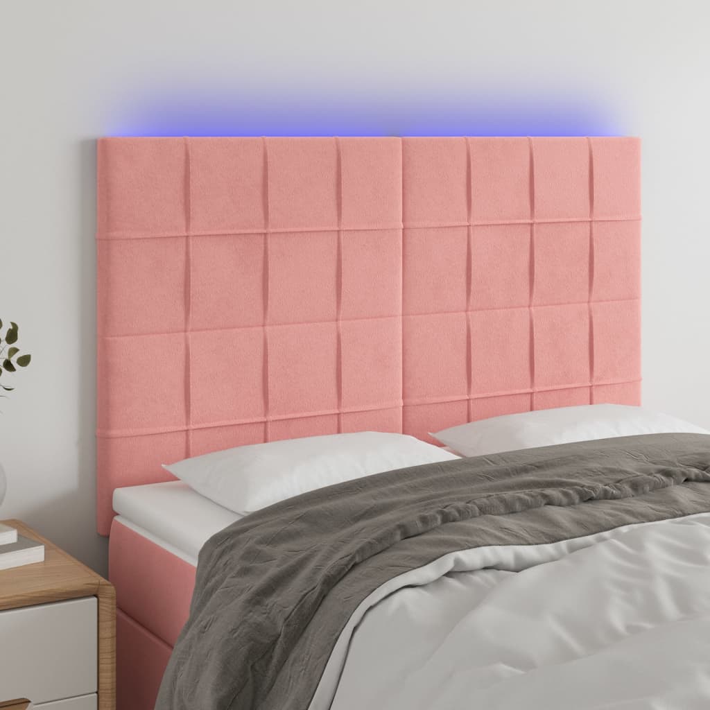 vidaXL Cabeceira de cama c/ luzes LED veludo 144x5x118/128 cm rosa