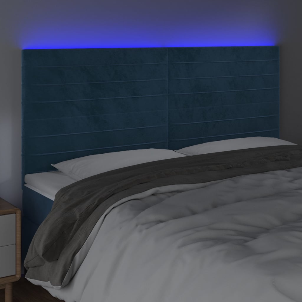 vidaXL Cabeceira cama c/ luzes LED veludo 160x5x118/128cm azul-escuro