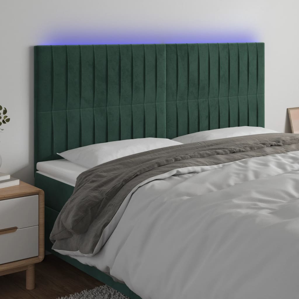 vidaXL Cabeceira de cama c/ LED veludo 160x5x118/128 cm verde-escuro