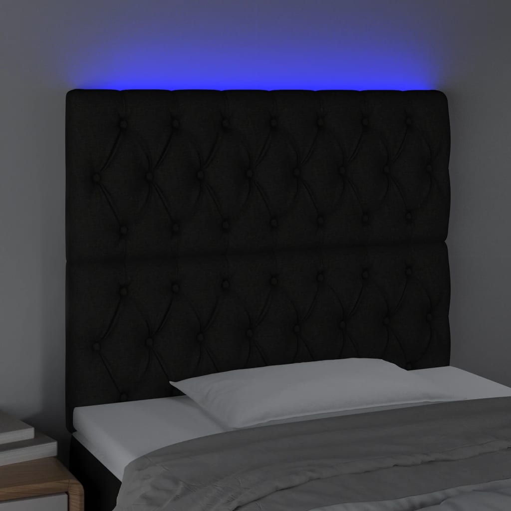 vidaXL Cabeceira de cama c/ luzes LED tecido 100x7x118/128 cm preto