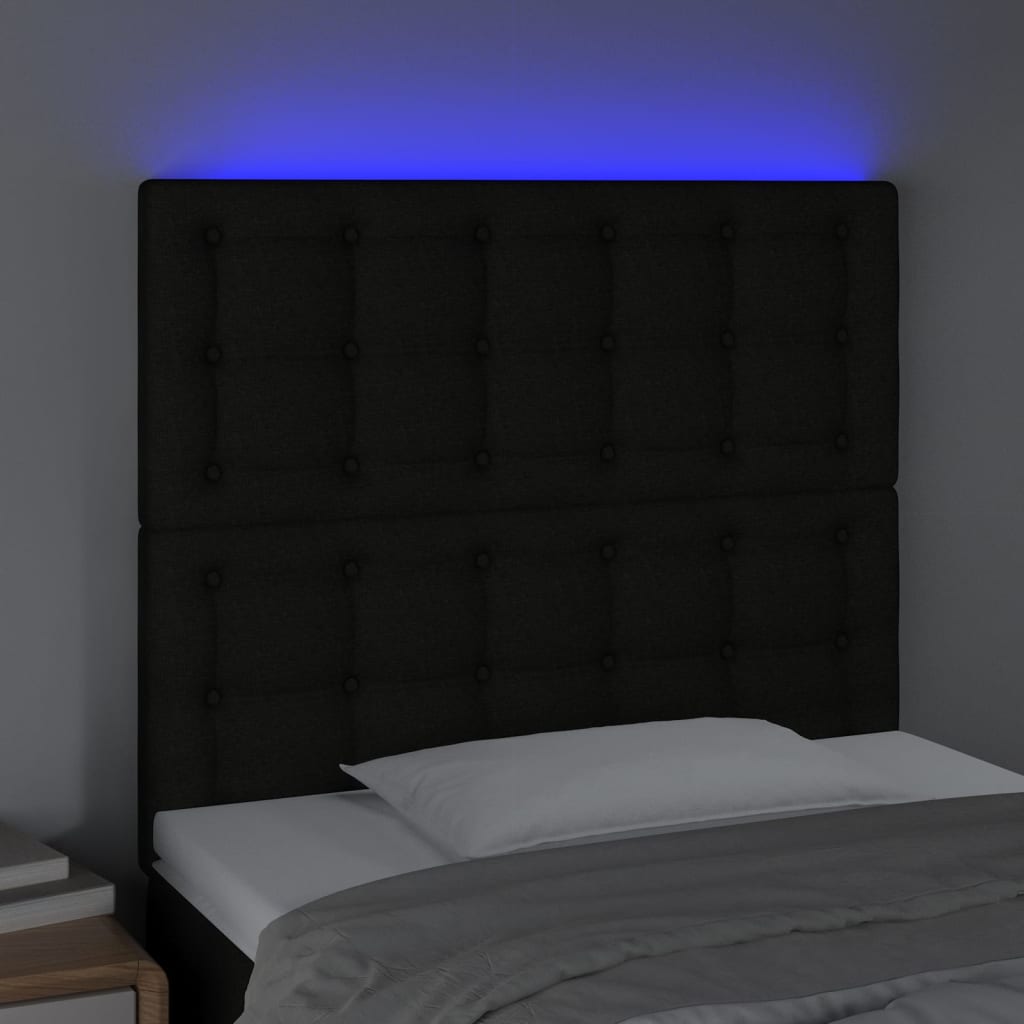 vidaXL Cabeceira de cama c/ LED tecido 90x5x118/128cm preto