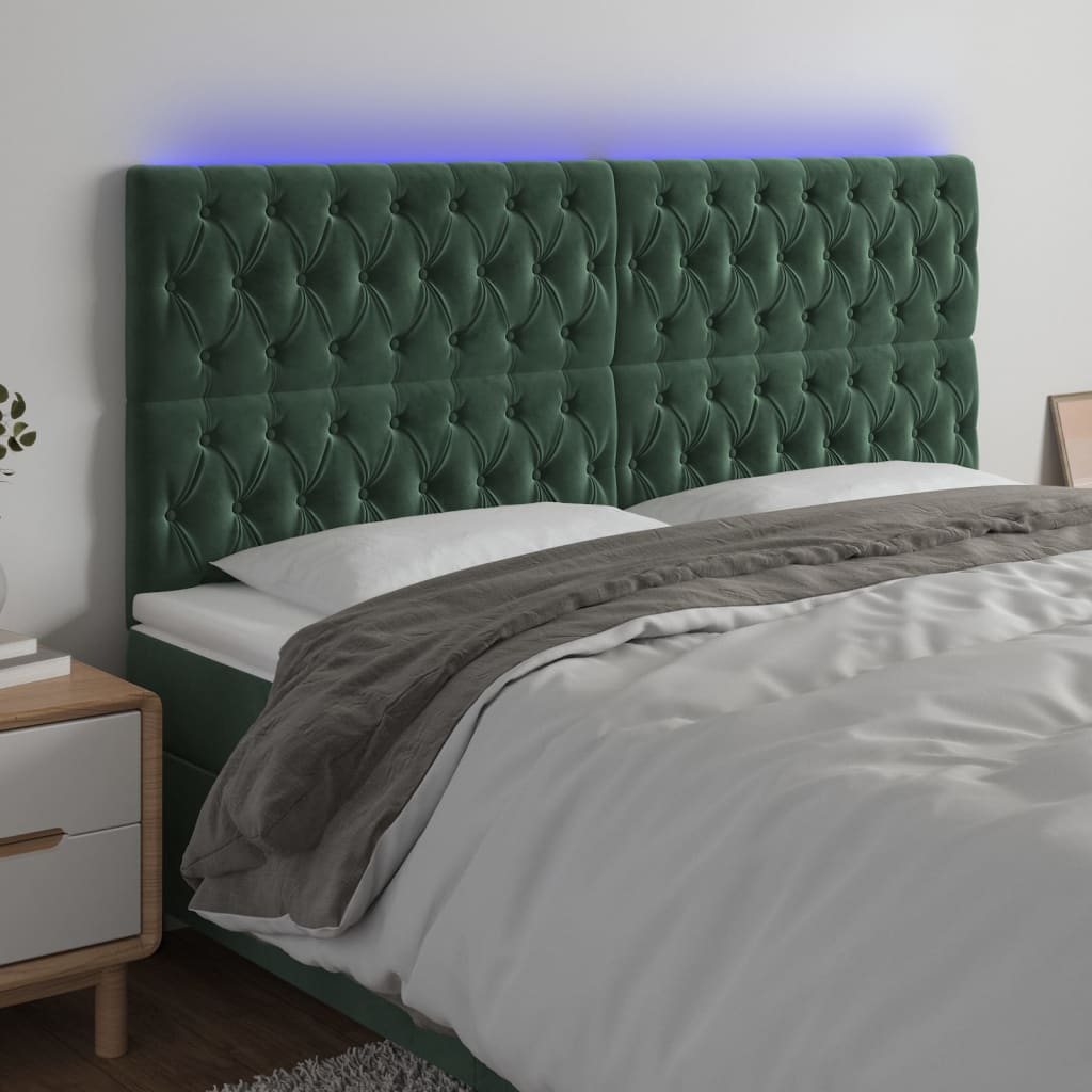 vidaXL Cabeceira de cama c/ LED veludo 180x7x118/128 cm verde-escuro