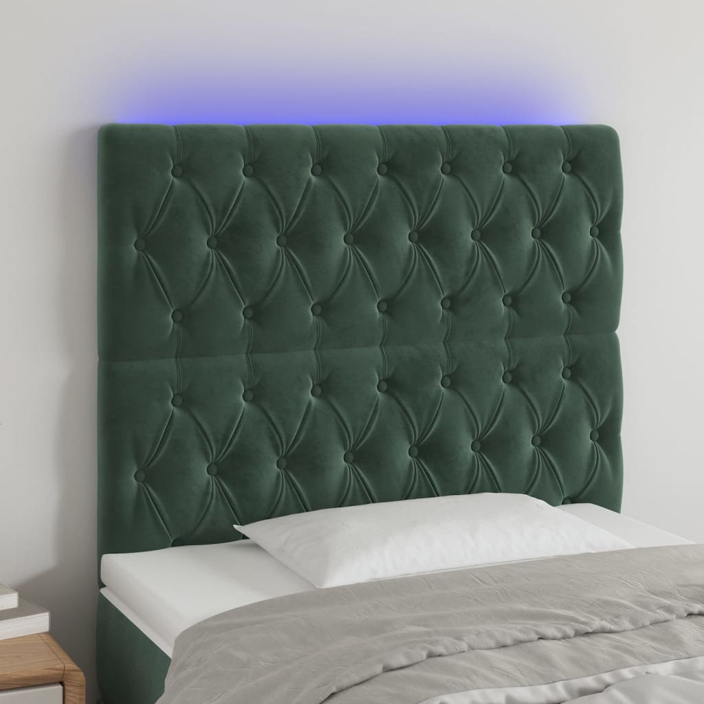 vidaXL Cabeceira de cama c/ LED veludo 90x7x118/128 cm verde-escuro