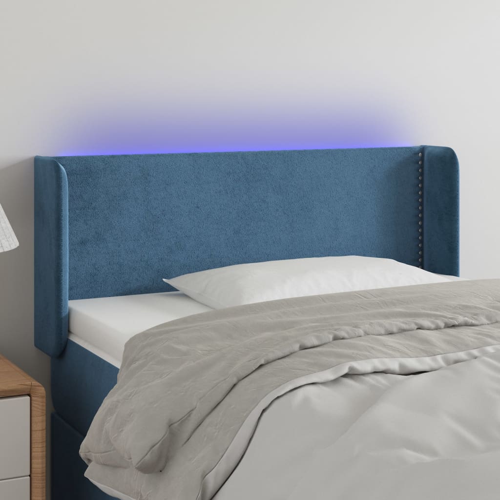 vidaXL Cabeceira de cama c/ luzes LED veludo 93x16x78/88cm azul-escuro