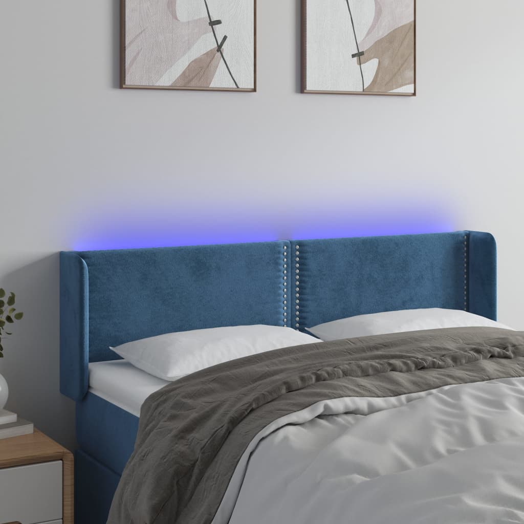 vidaXL Cabeceira cama c/ luzes LED veludo 147x16x78/88 cm azul-escuro