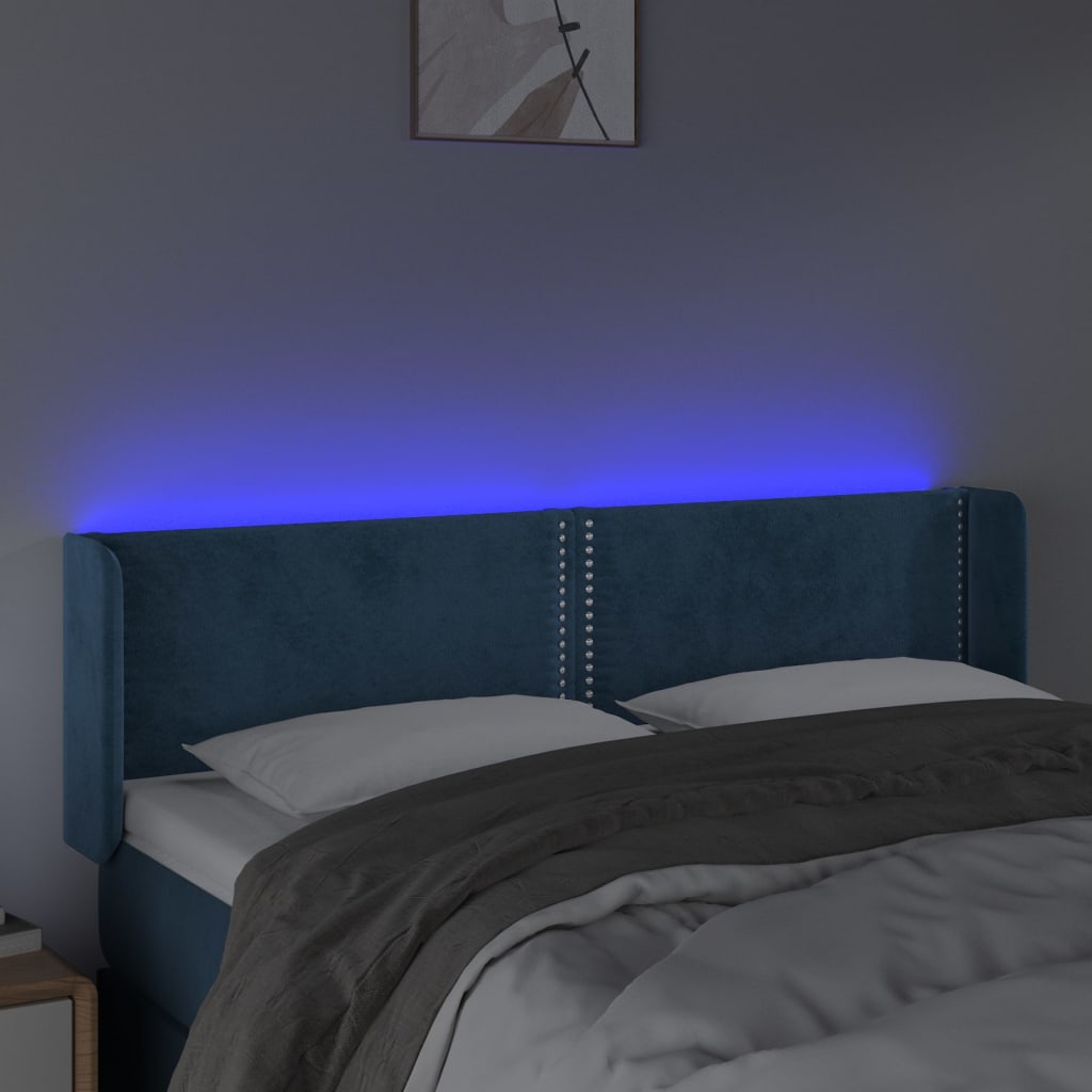 vidaXL Cabeceira cama c/ luzes LED veludo 147x16x78/88 cm azul-escuro