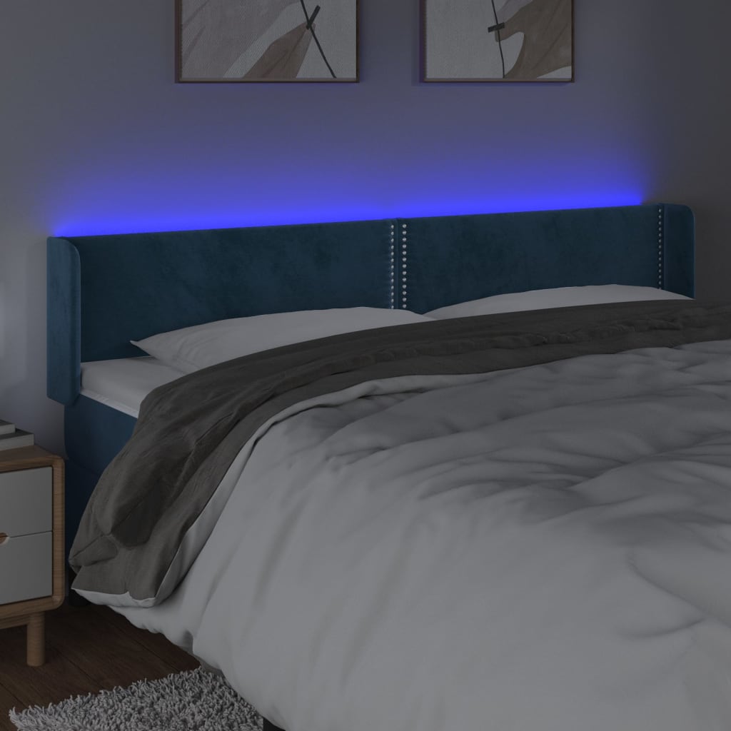 vidaXL Cabeceira cama c/ luzes LED veludo 183x16x78/88 cm azul-escuro