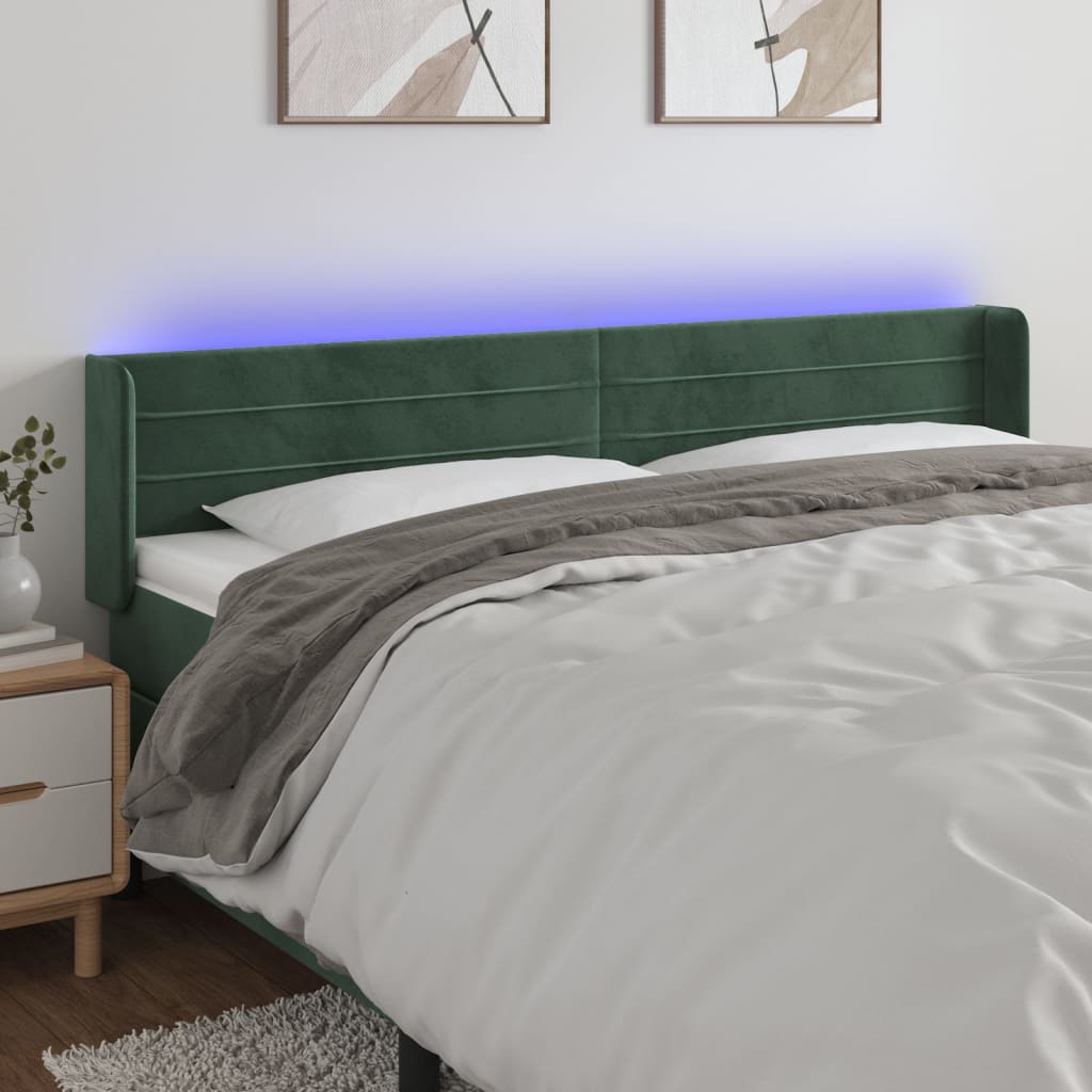 vidaXL Cabeceira cama c/ luzes LED veludo 163x16x78/88 cm verde-escuro