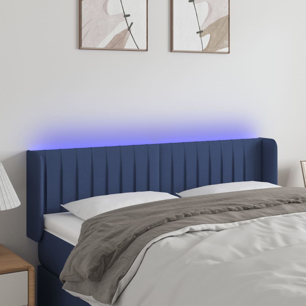 vidaXL Cabeceira de cama c/ luzes LED tecido 147x16x78/88 cm azul