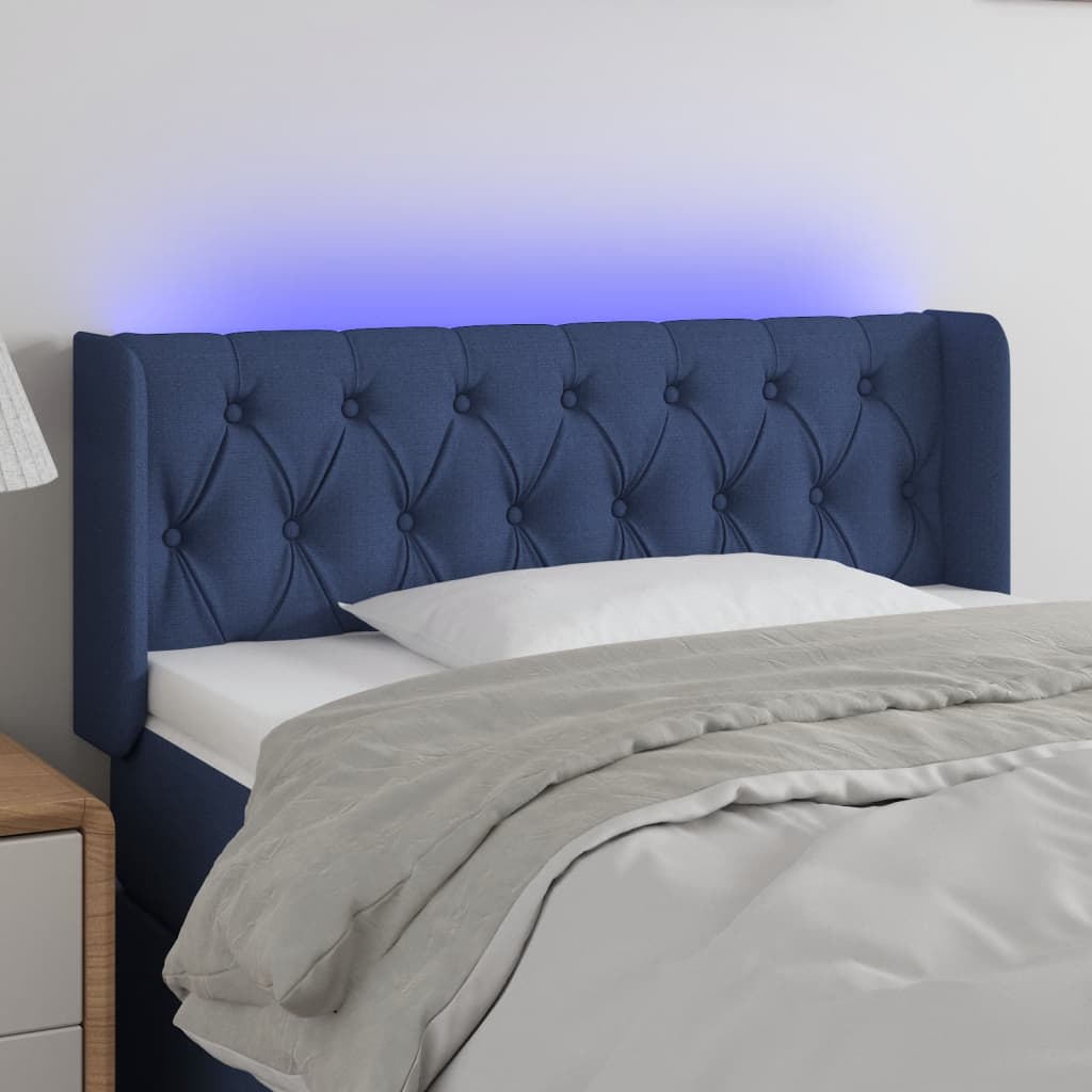 vidaXL Cabeceira de cama c/ luzes LED tecido 93x16x78/88 cm azul