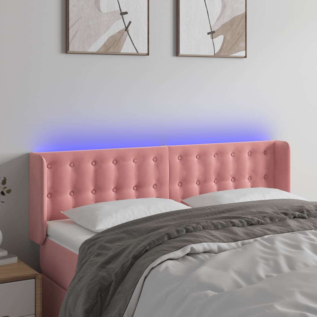 vidaXL Cabeceira de cama c/ luzes LED veludo 147x16x78/88 cm rosa