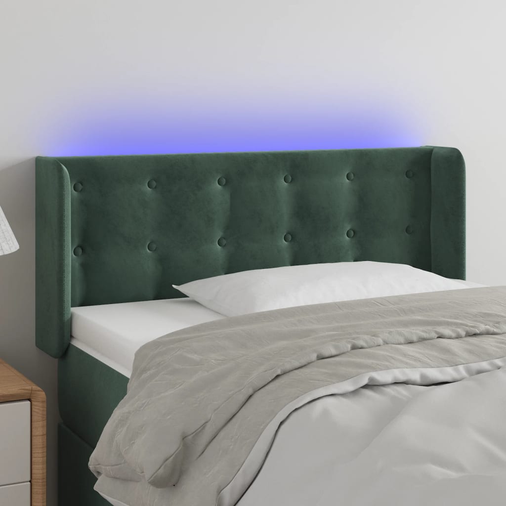 vidaXL Cabeceira cama c/ luzes LED veludo 93x16x78/88 cm verde-escuro