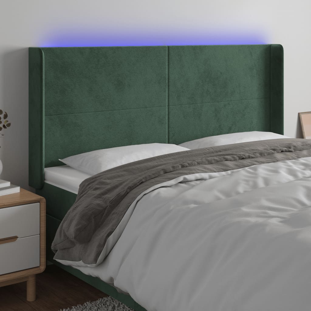 vidaXL Cabeceira de cama c/ LED veludo 163x16x118/128 cm verde-escuro