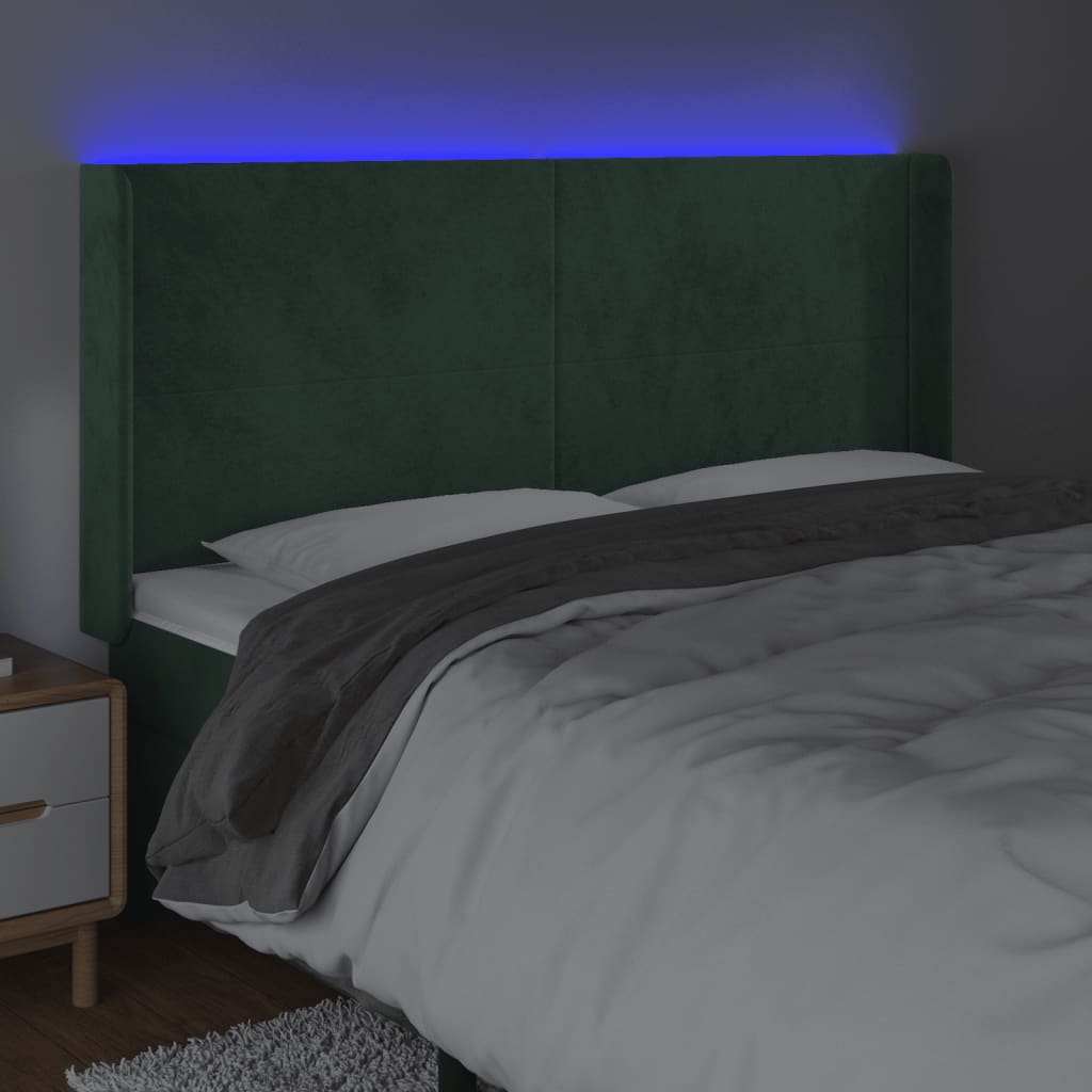 vidaXL Cabeceira de cama c/ LED veludo 163x16x118/128 cm verde-escuro