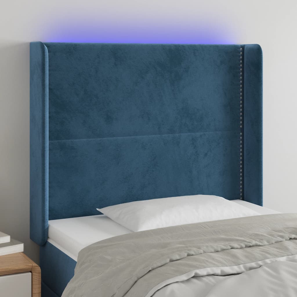 vidaXL Cabeceira cama c/ luzes LED veludo 93x16x118/128 cm azul-escuro