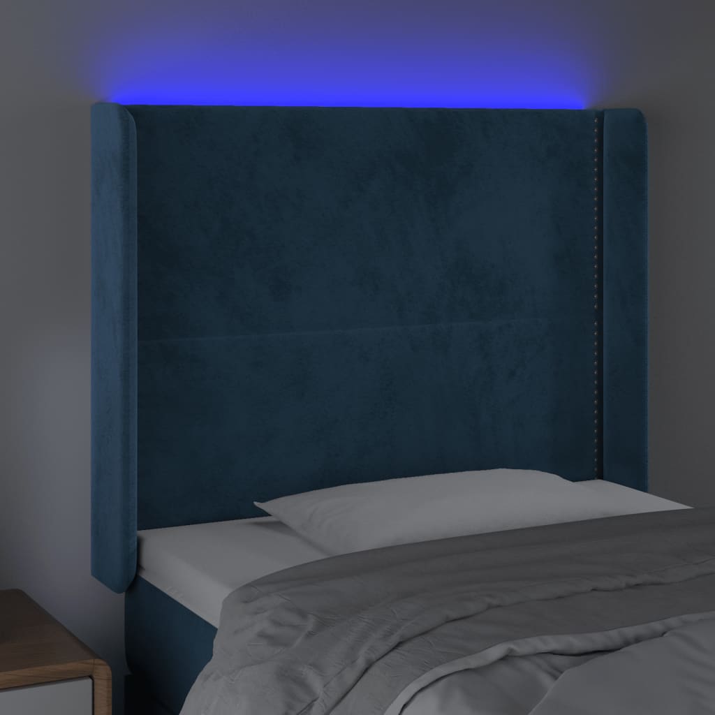 vidaXL Cabeceira cama c/ luzes LED veludo 93x16x118/128 cm azul-escuro