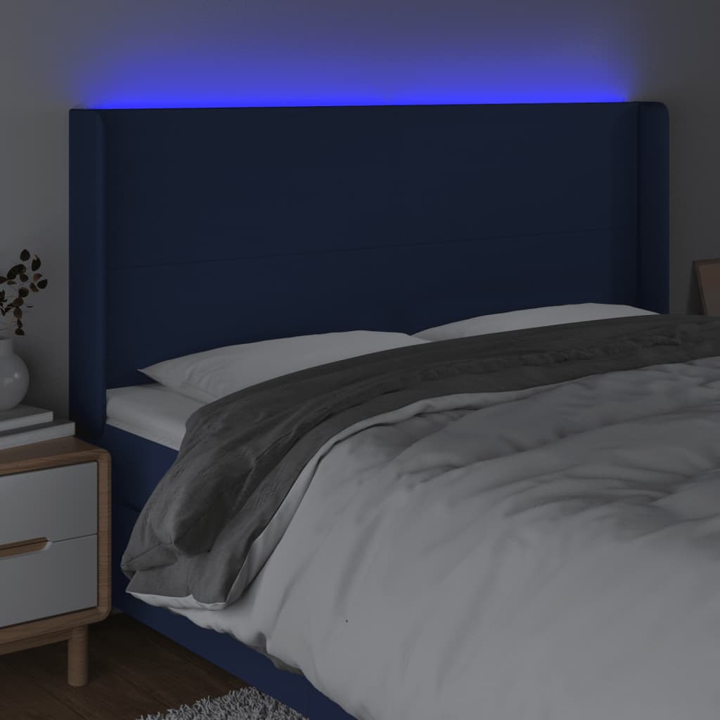 vidaXL Cabeceira de cama c/ luzes LED tecido 203x16x118/128 cm azul