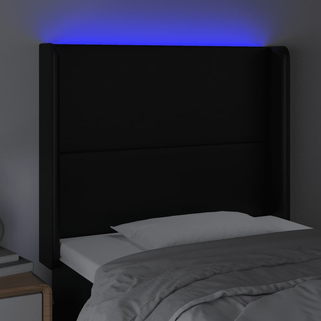 vidaXL Cabeceira de cama c/ LED couro artificial 93x16x118/128cm preto