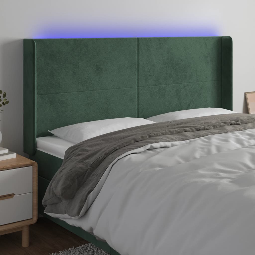 vidaXL Cabeceira de cama c/ LED veludo 183x16x118/128 cm verde-escuro