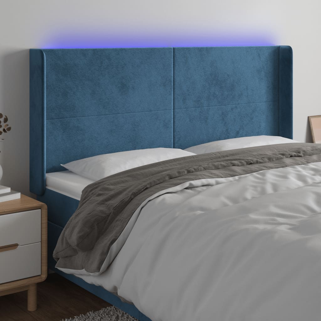 vidaXL Cabeceira cama c/ luzes LED veludo 203x16x118/128cm azul-escuro