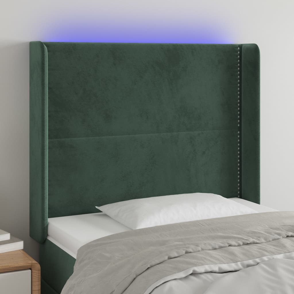 vidaXL Cabeceira cama c/ luzes LED veludo 83x16x118/128cm verde-escuro