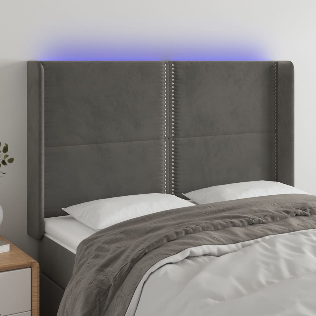 vidaXL Cabeceira de cama c/ LED veludo 147x16x118/128 cm cinza-escuro