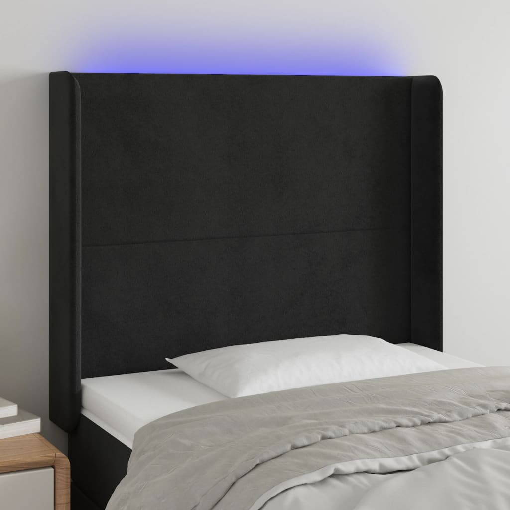 vidaXL Cabeceira de cama c/ luzes LED veludo 103x16x118/128 cm preto