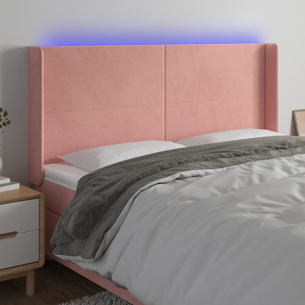 vidaXL Cabeceira de cama c/ luzes LED veludo 163x16x118/128 cm rosa