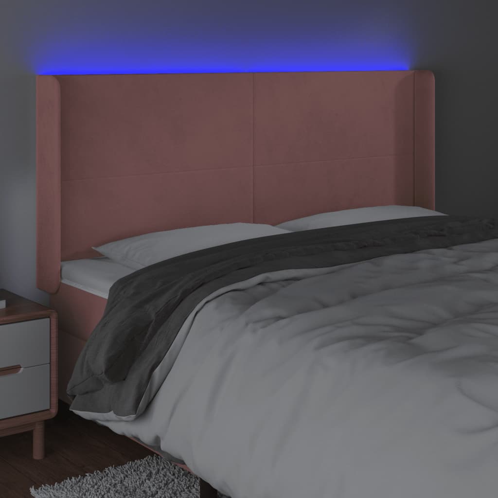 vidaXL Cabeceira de cama c/ luzes LED veludo 163x16x118/128 cm rosa