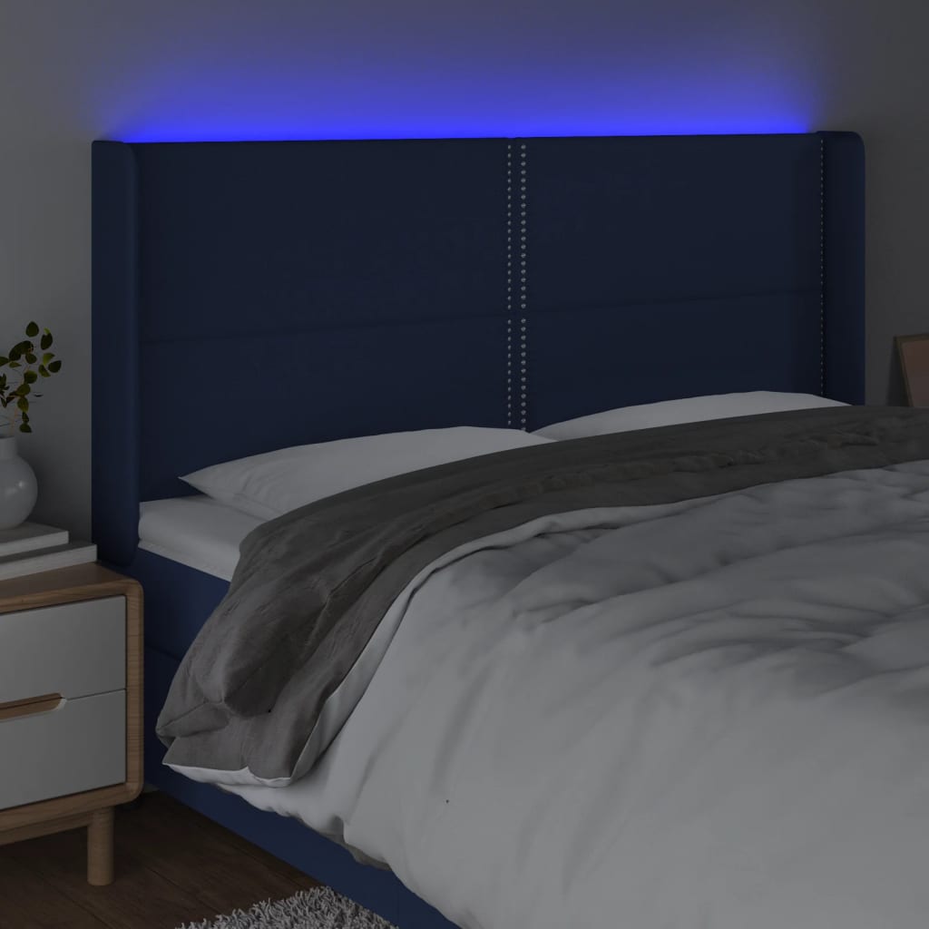 vidaXL Cabeceira de cama c/ luzes LED tecido 163x16x118/128 cm azul