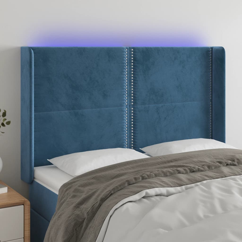 vidaXL Cabeceira cama c/ luzes LED veludo 147x16x118/128cm azul-escuro