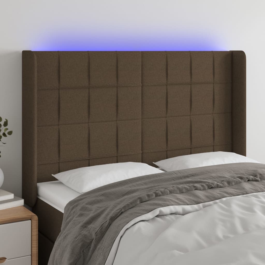 vidaXL Cabeceira de cama c/ luzes LED tecido 147x16x118/128cm castanho