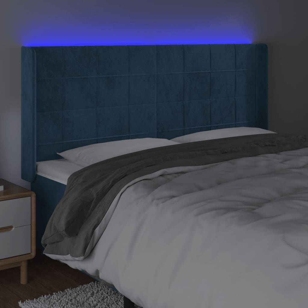 vidaXL Cabeceira cama c/ luzes LED veludo 203x16x118/128cm azul-escuro