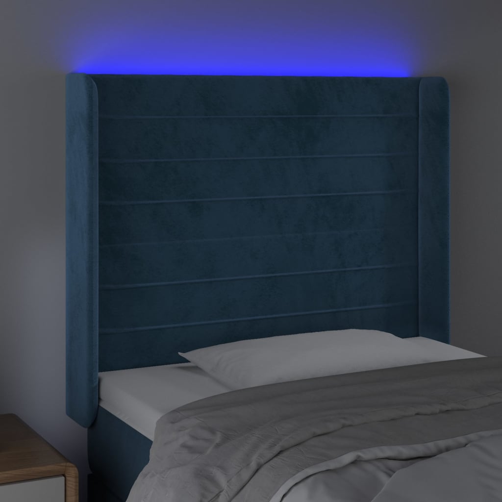 vidaXL Cabeceira cama c/ luzes LED veludo 83x16x118/128 cm azul-escuro