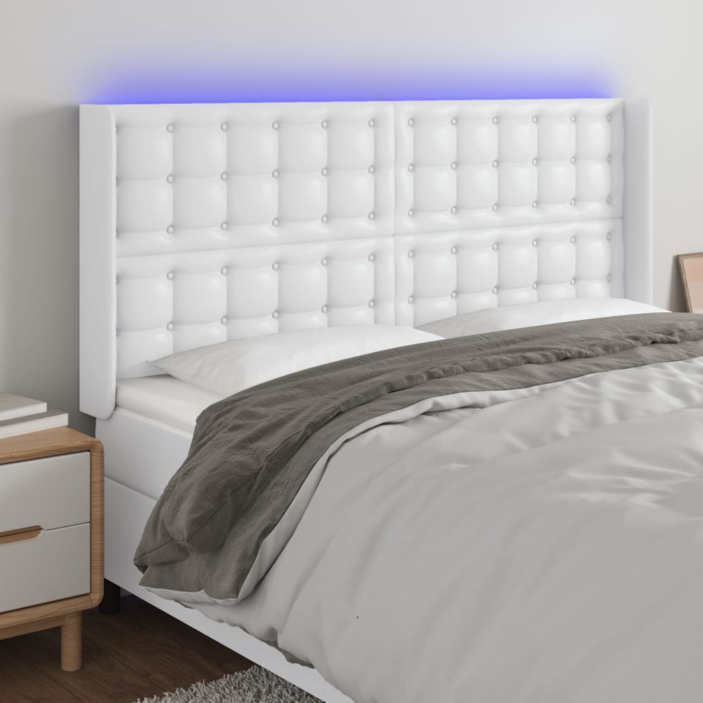 vidaXL Cabeceira cama c/ LED couro artificial 183x16x118/128 cm branco