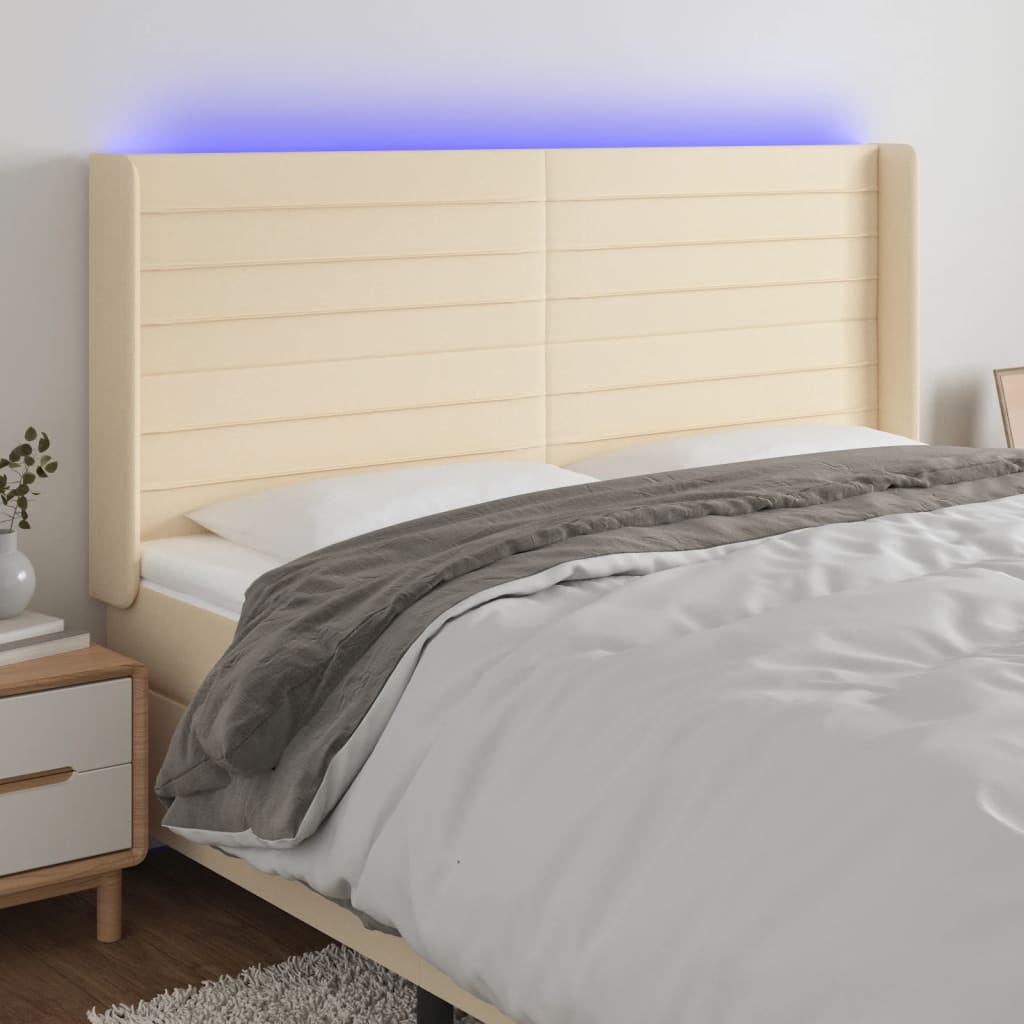 vidaXL Cabeceira cama c/ luzes LED tecido 203x16x118/128 cm cor creme