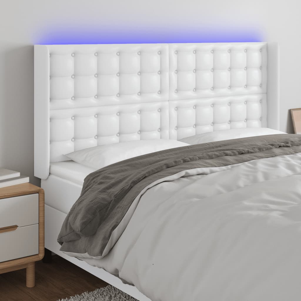 vidaXL Cabeceira cama c/ LED couro artificial 163x16x118/128 cm branco