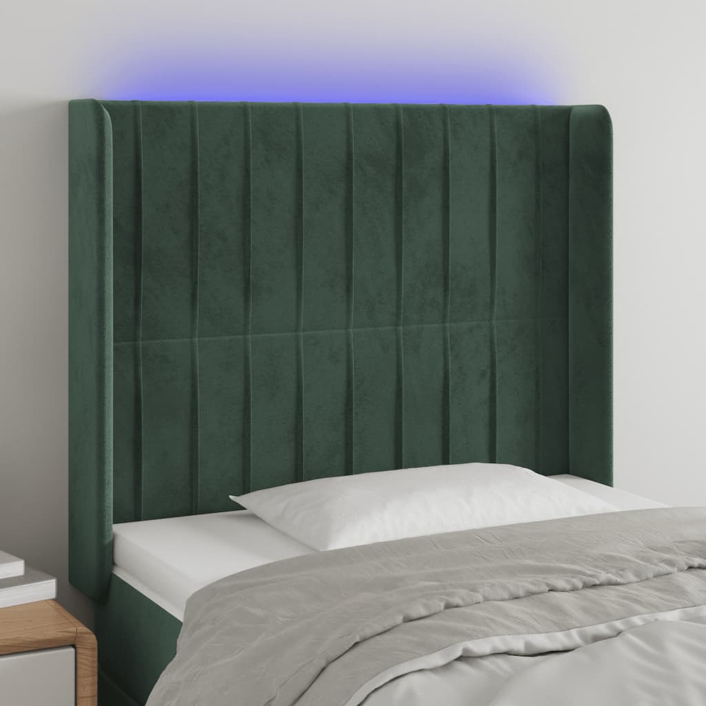 vidaXL Cabeceira de cama c/ LED veludo 103x16x118/128 cm verde-escuro