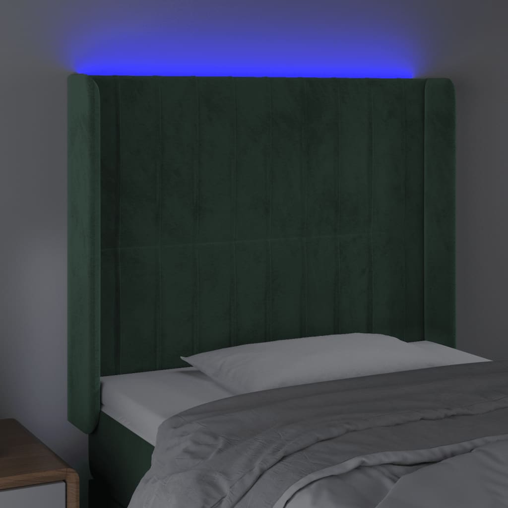 vidaXL Cabeceira cama c/ luzes LED veludo 93x16x118/128cm verde-escuro