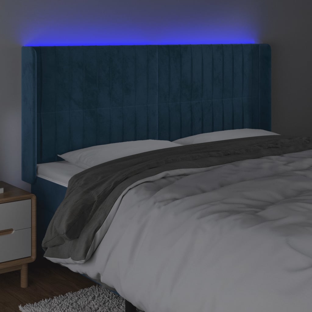 vidaXL Cabeceira cama c/ luzes LED veludo 183x16x118/128cm azul-escuro